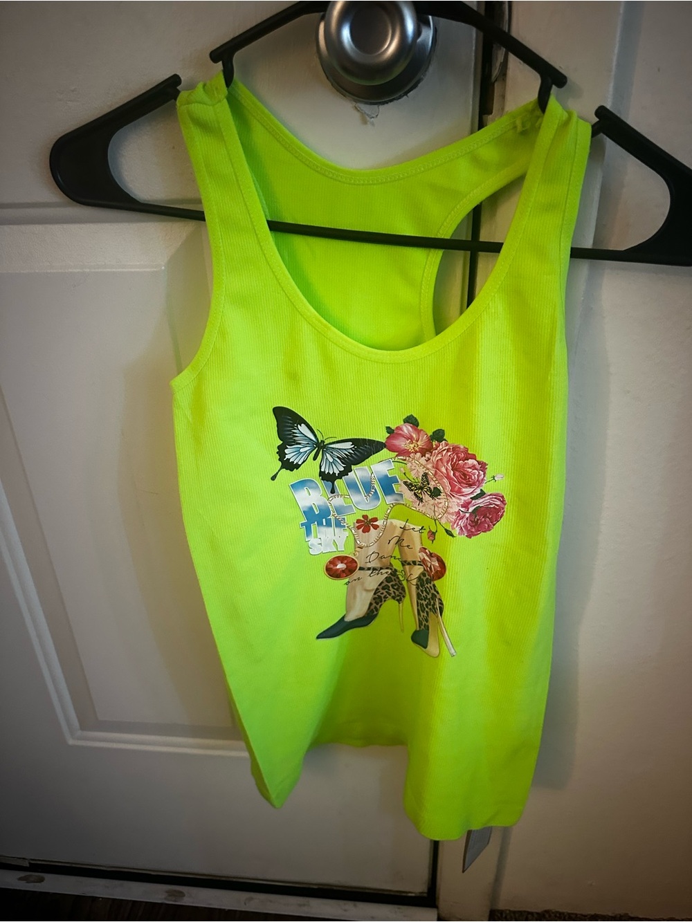 No Boundaries Neon Lime Graphic Tank Top with Floral & Butterfly Print
